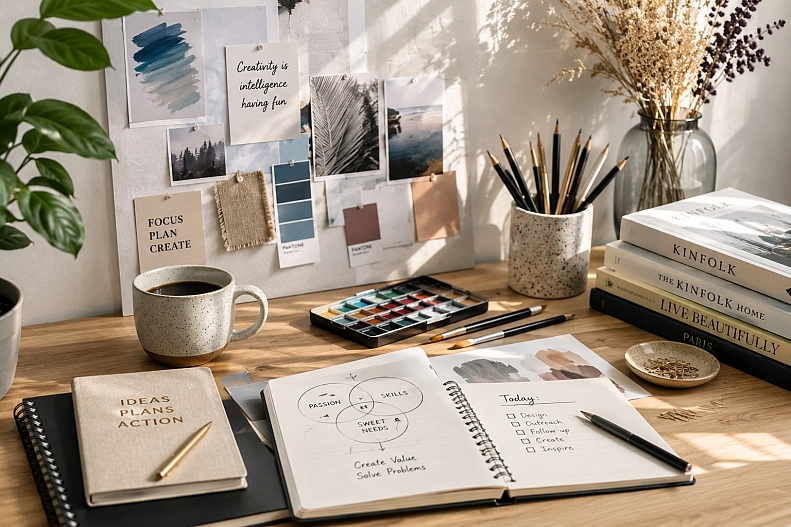 creative studio desk in sunlight