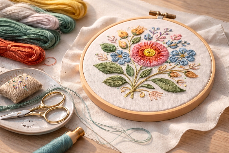 crewel embroidery in progress on fabric