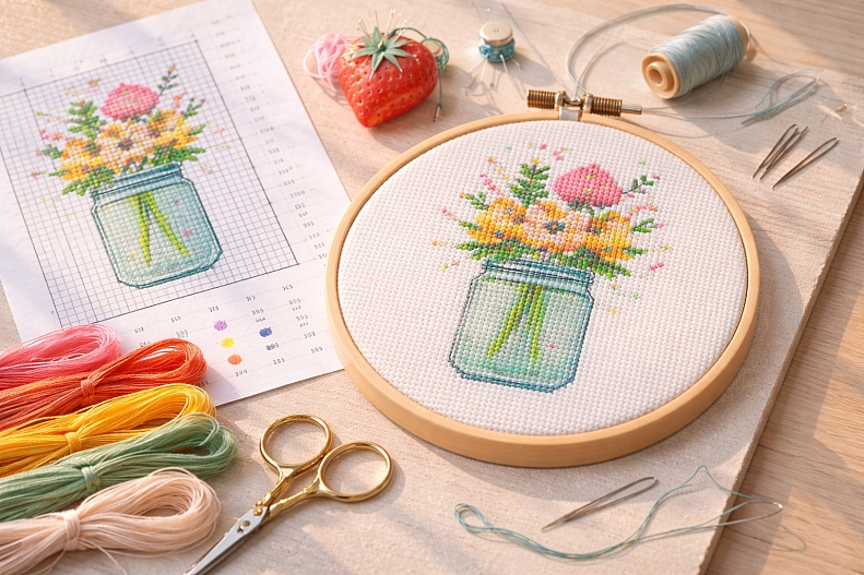 cross stitch kit with floral design